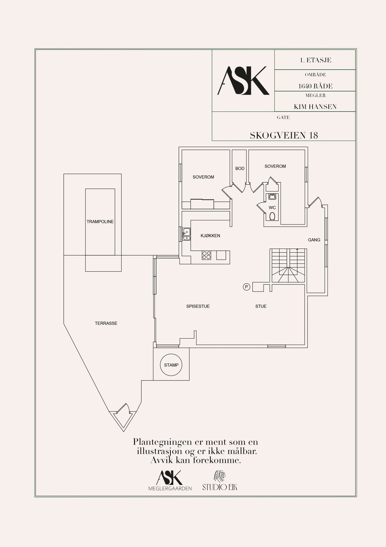 Plantegning 1. etasje - boligens sosialedel. NB! Under trampolinen finner du et basseng - se vedlagt video i finn.no annonsen Galleribilde