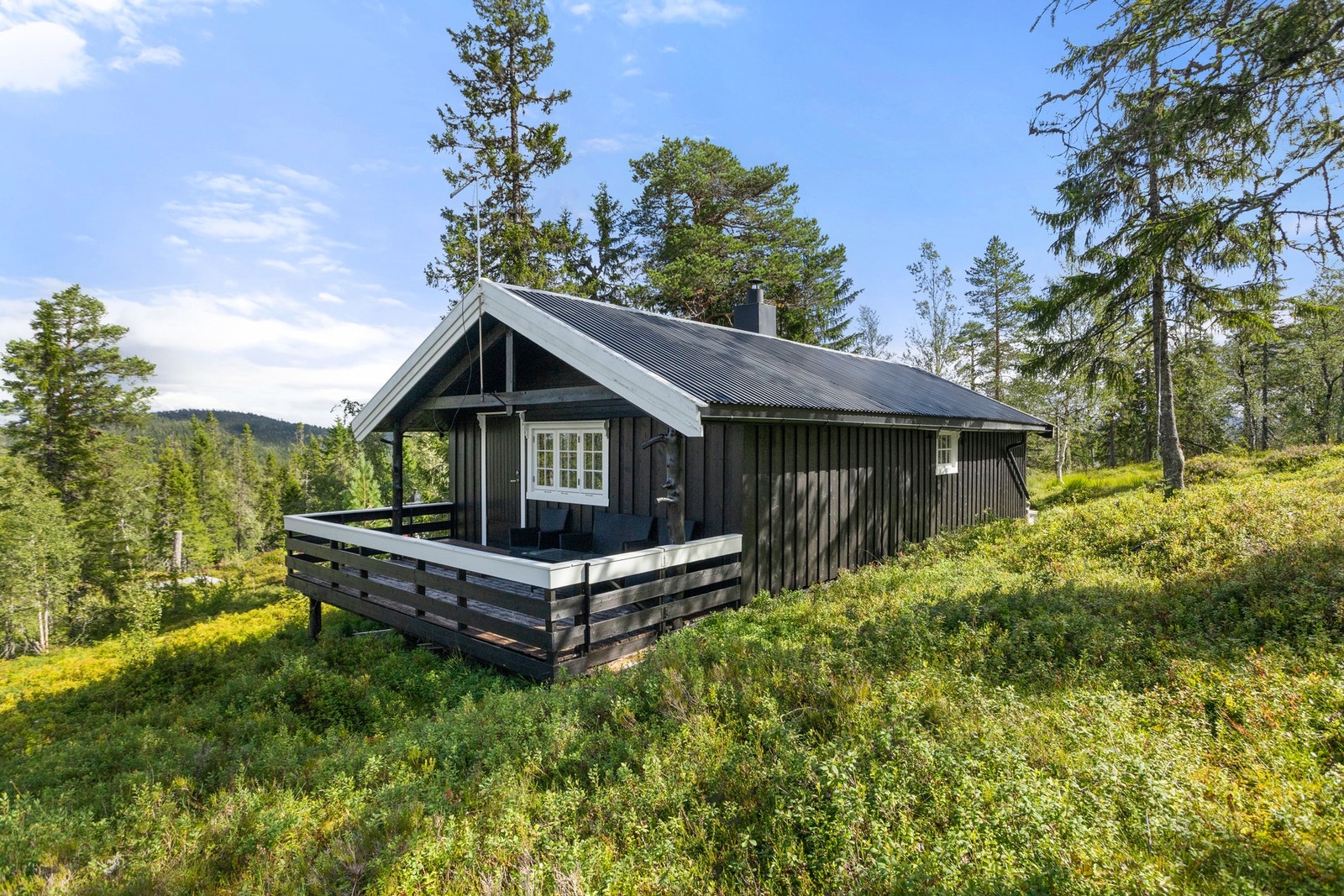 Hytten ligger pent i terrenget Galleribilde