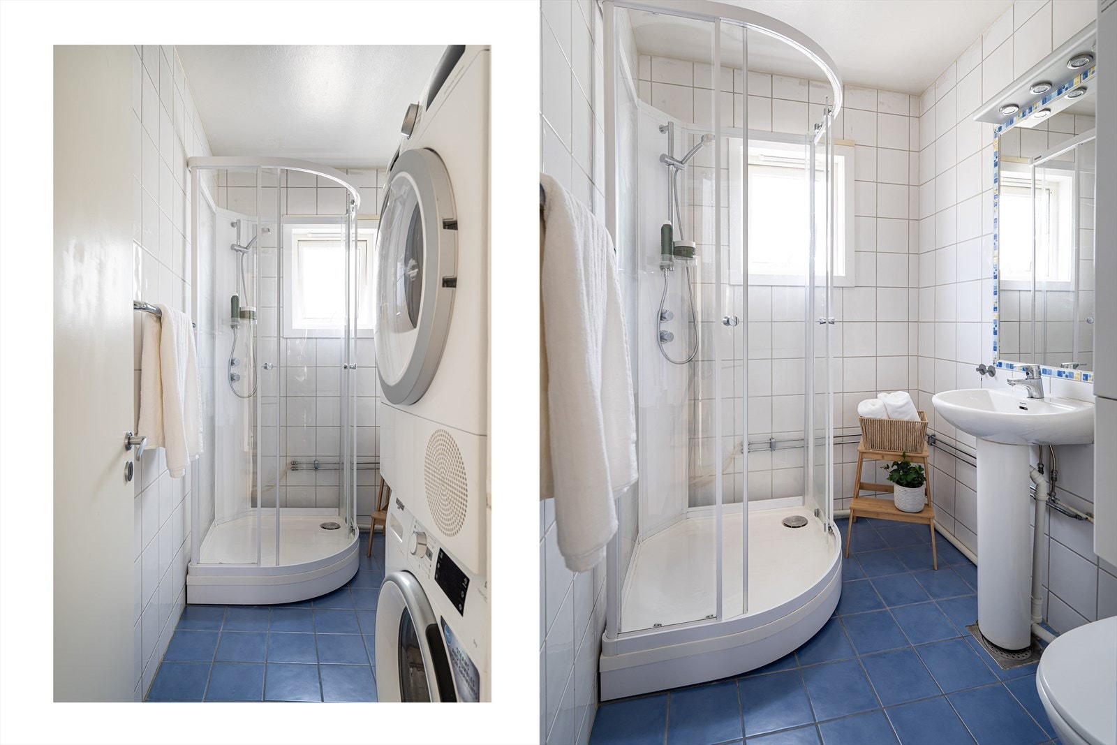 Badet er eldre, men praktisk innredet med et dusjkabinett, klosett og hvit søyleservant. Opplegg for vaskemaskin. Galleribilde