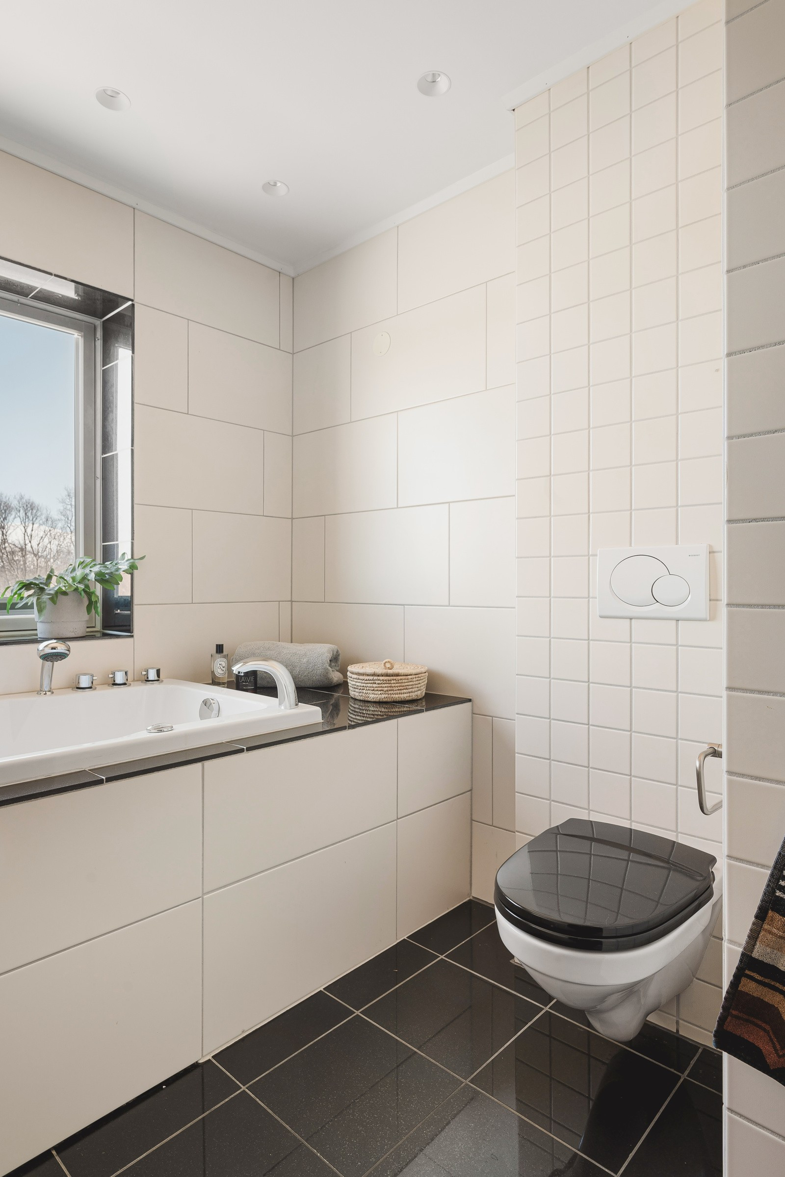 Badekar og WC, fint lysinnslipp på badet fra vindu