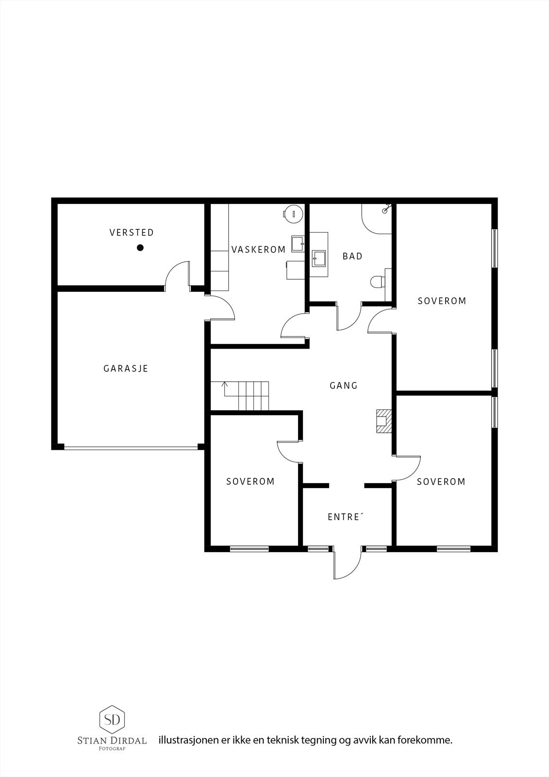 Sokkeletasjen med flere soverom, pot. stue, bad nr. 3 og vaskerom/bi-inngang. Galleribilde