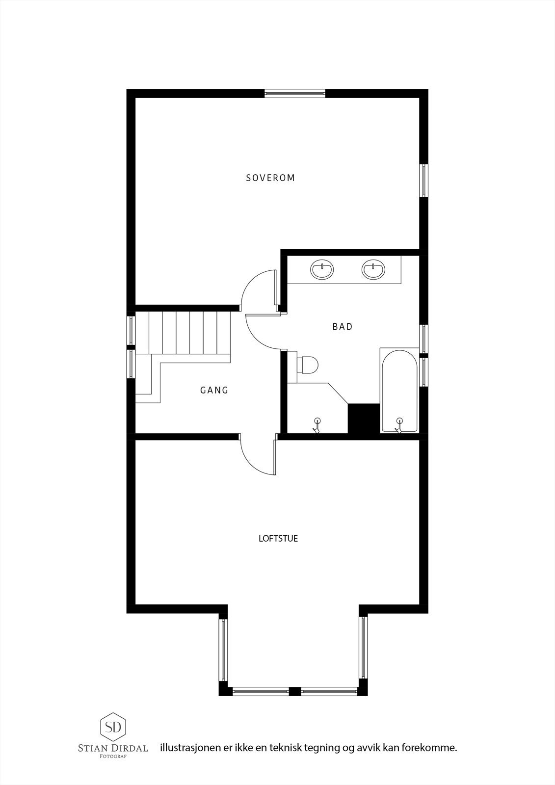 Øverst har du enten to store soverom eller stue, soverom og komplett bad. Galleribilde