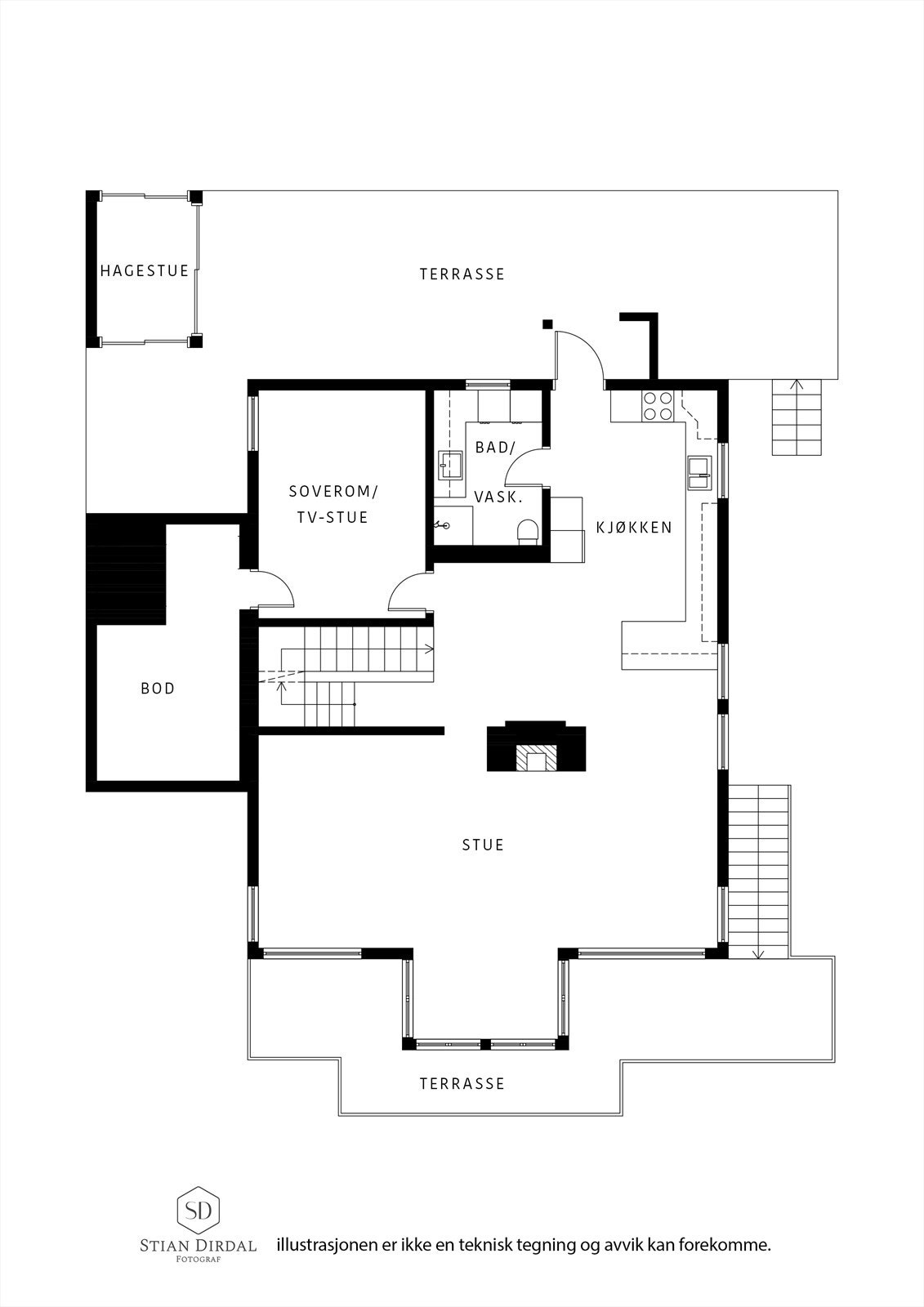 Hovedetasjen har romslige oppholdsrom m/mye naturlig lys, og både bad/vaskerom og soverom. Galleribilde
