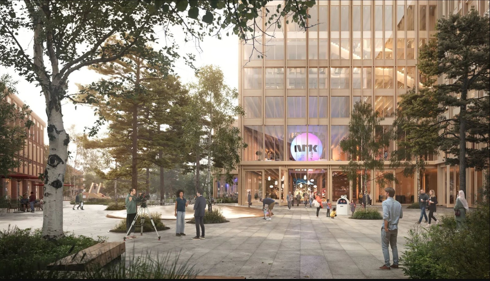 Slik kan Ensjøplassen og hovedadkomsten til NRK-bygget bli. Illustrasjon hentet fra planbeskrivelse som ligger tilgjengelig på httpsinnsyn.pbe.oslo.kommune.nosaksinnsyncasedet.aspcaseno=202202903&wfl=N&Dateparam=03192025&sti= Galleribilde