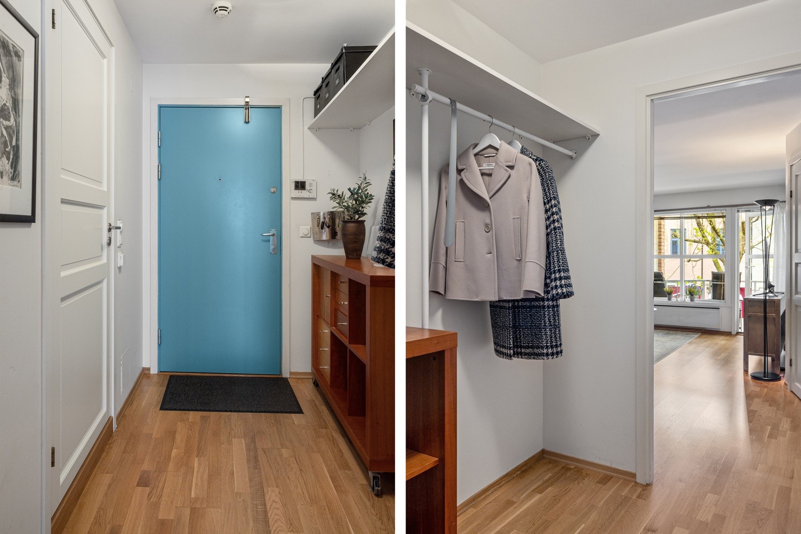 Hyggelig entré som gir et godt førsteinntrykk og fungerer som det naturlige knutepunktet i leiligheten. Galleribilde