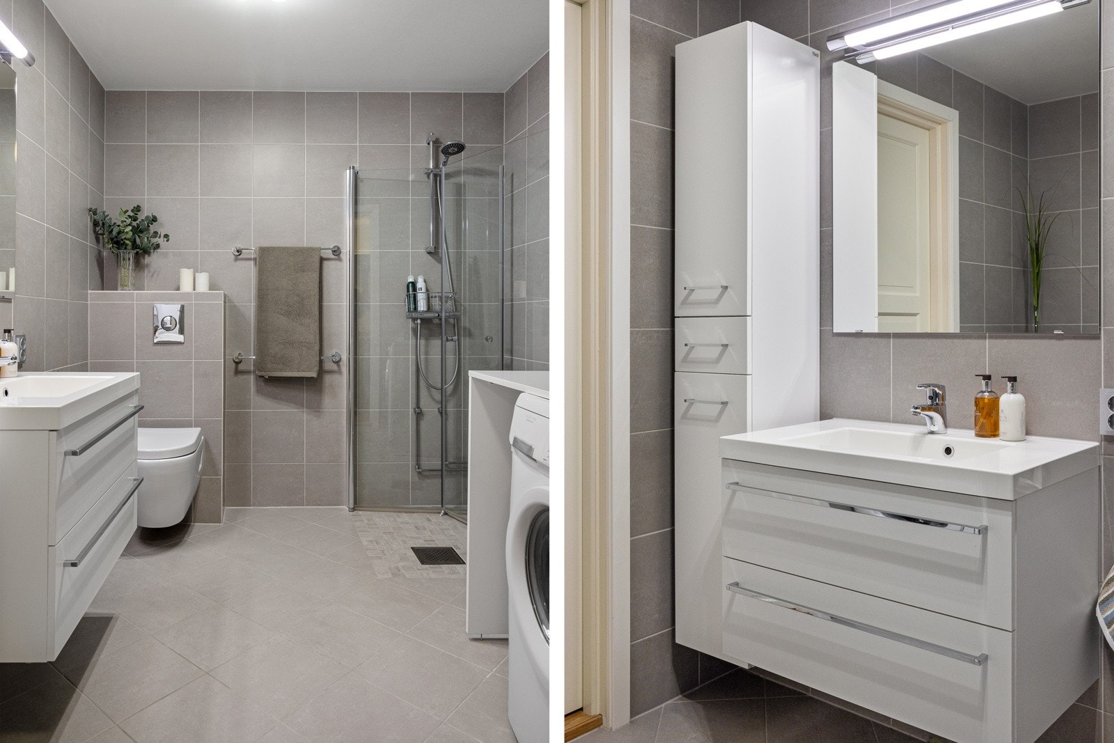 Romslig og pent flislagt bad totalrenovert i 2016 med elektriske varmekabler i gulv. Galleribilde