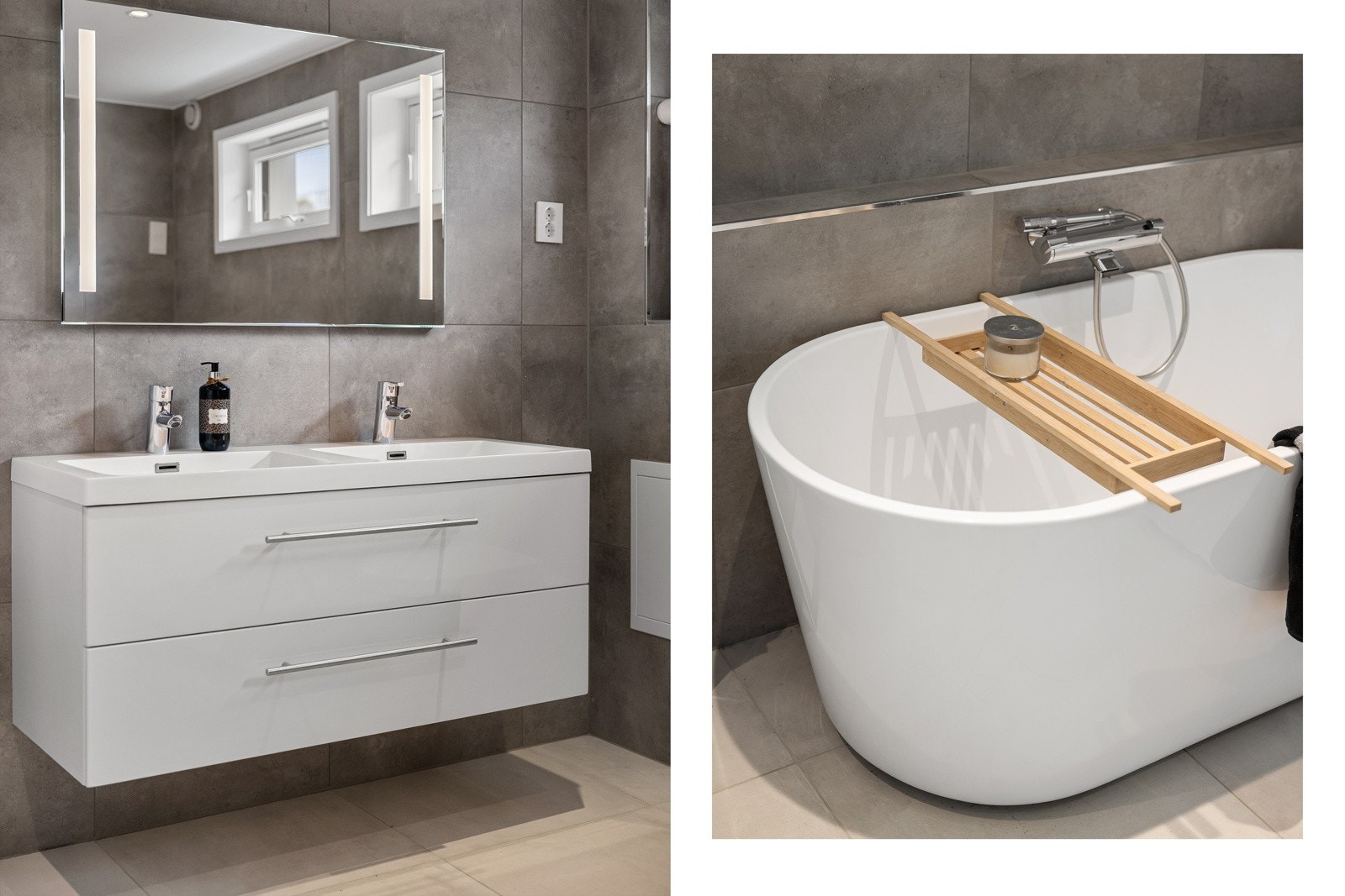 Her finner du moderne innredning med dobbel servant nedfelt i møbel, vegghengt toalett, dusjhjørne med glassvegger og separat badekar. Galleribilde