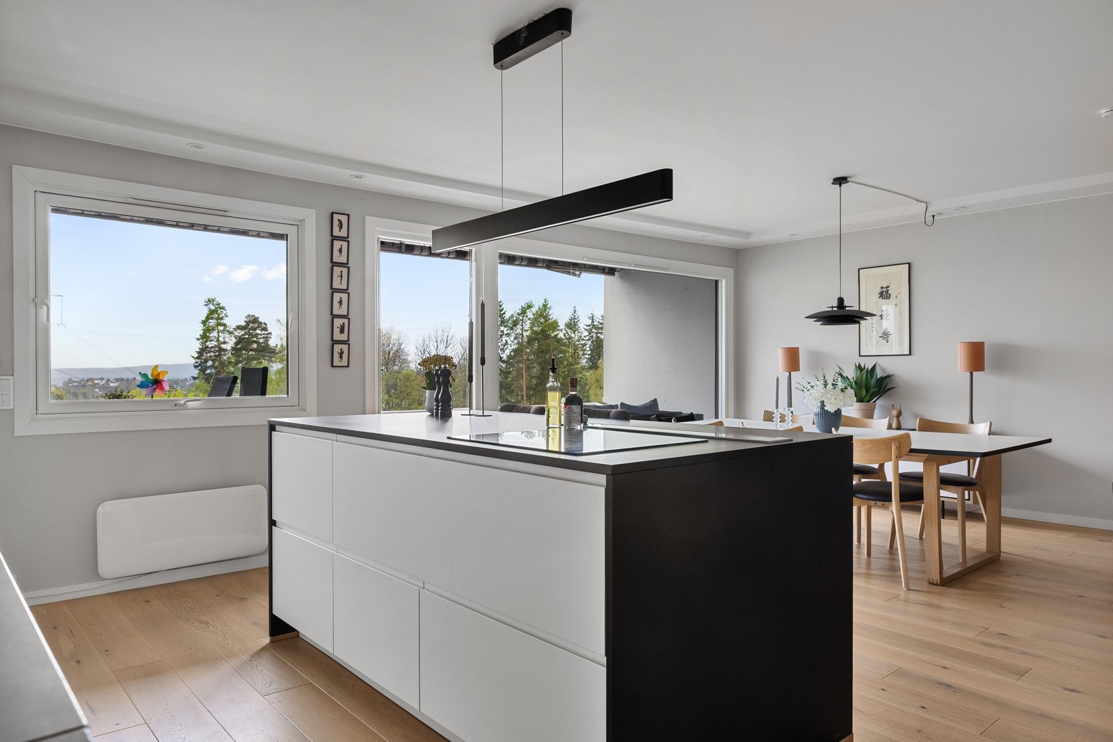 Integrerte hvitevarer som komfyr, induksjonstopp, oppvaskmaskin og kjøl-/fryseskap medfølger. Galleribilde