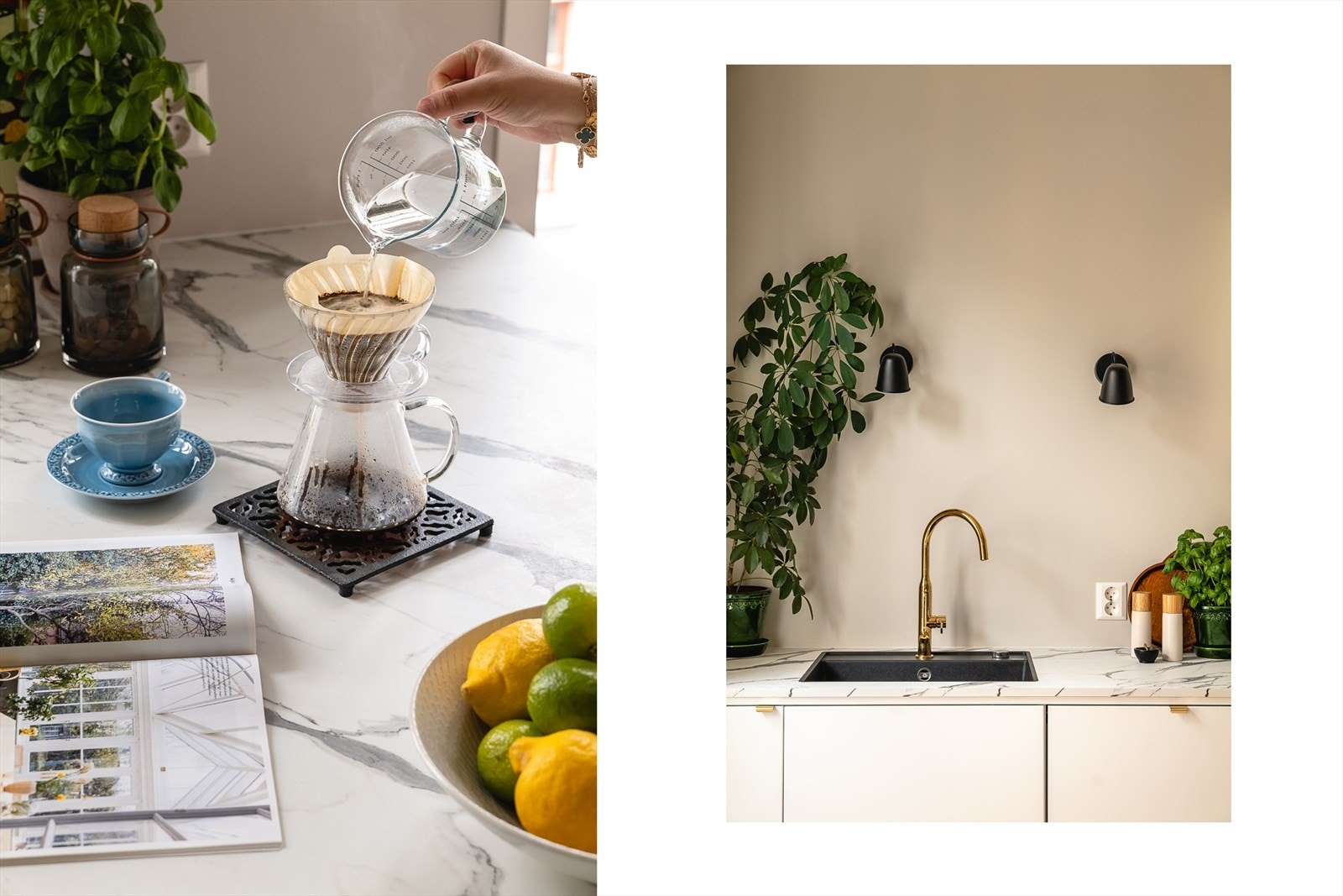 - Kjøkken med nydelige gulldetaljer, stilige vegghengte lamper og godt med stikkontakter - både funksjonelt og elegant - Galleribilde