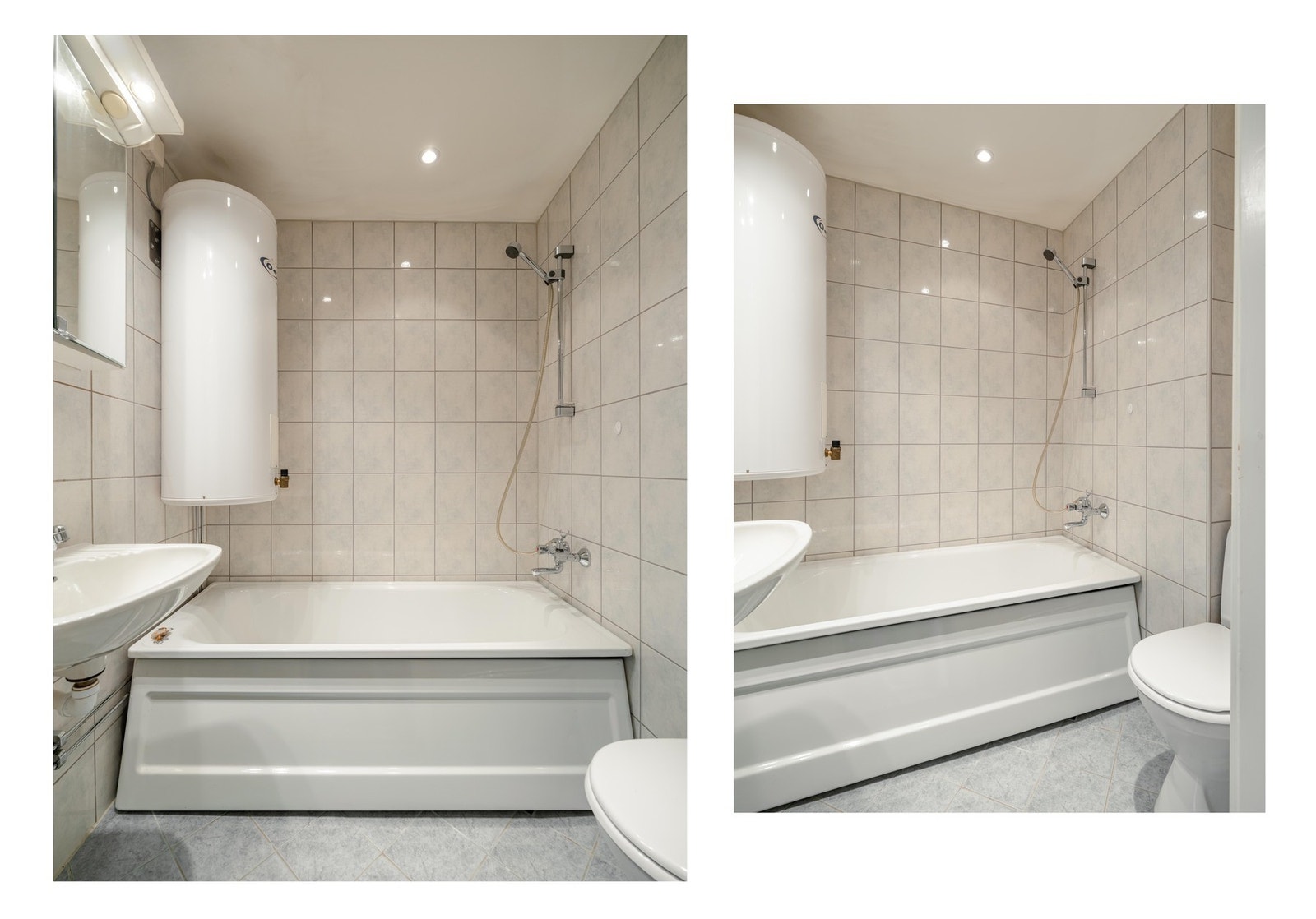 Eldre bad med badekar, servant og gulvstående toalett. Galleribilde