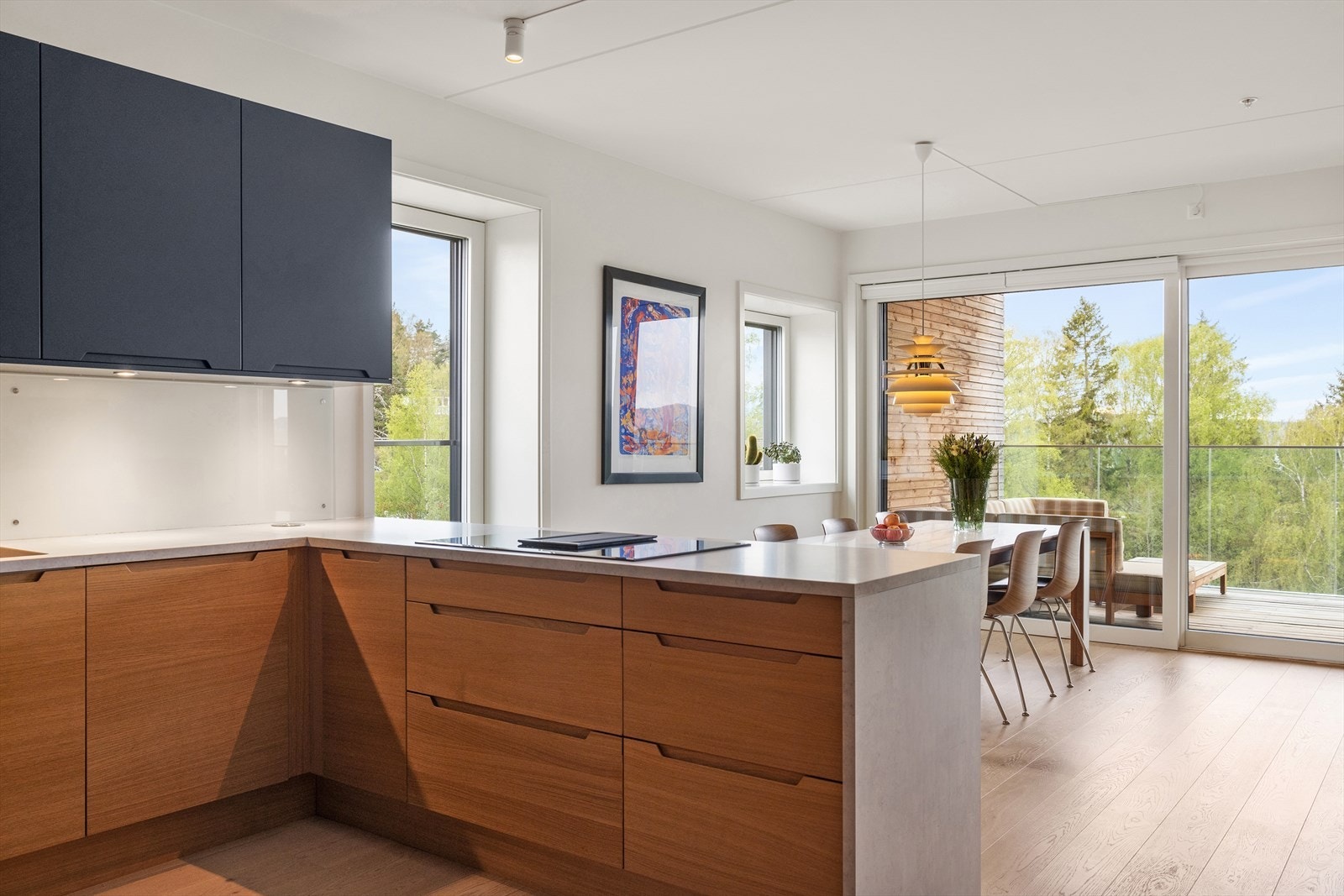 Kjøkkenventilatoren med kullfilter er integrert i platetoppen. Galleribilde