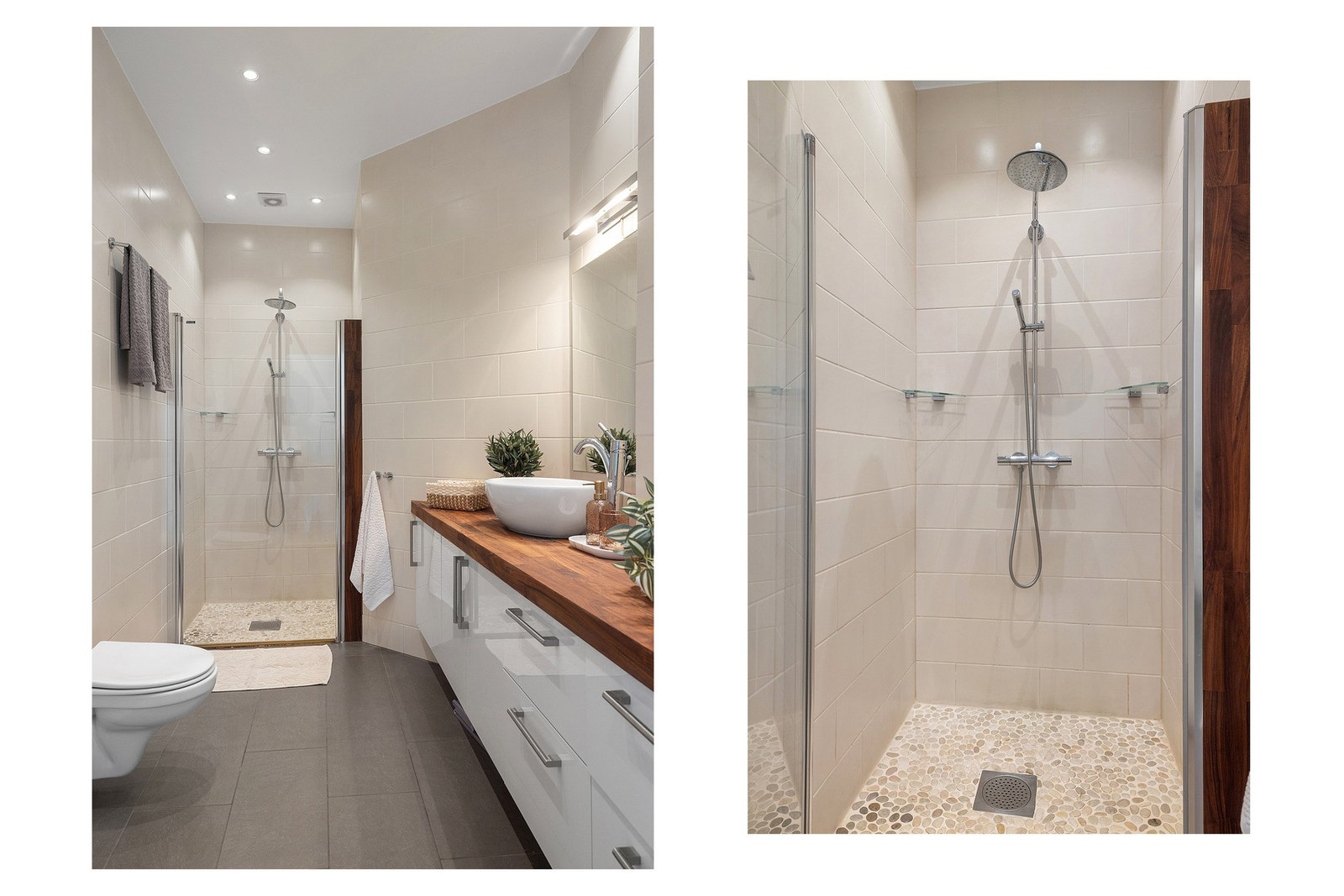 Badet har en stilren innredning med baderomsinnredning med toppmontert servant fra Villeroy Boch, toalett og dusjnisje. Galleribilde