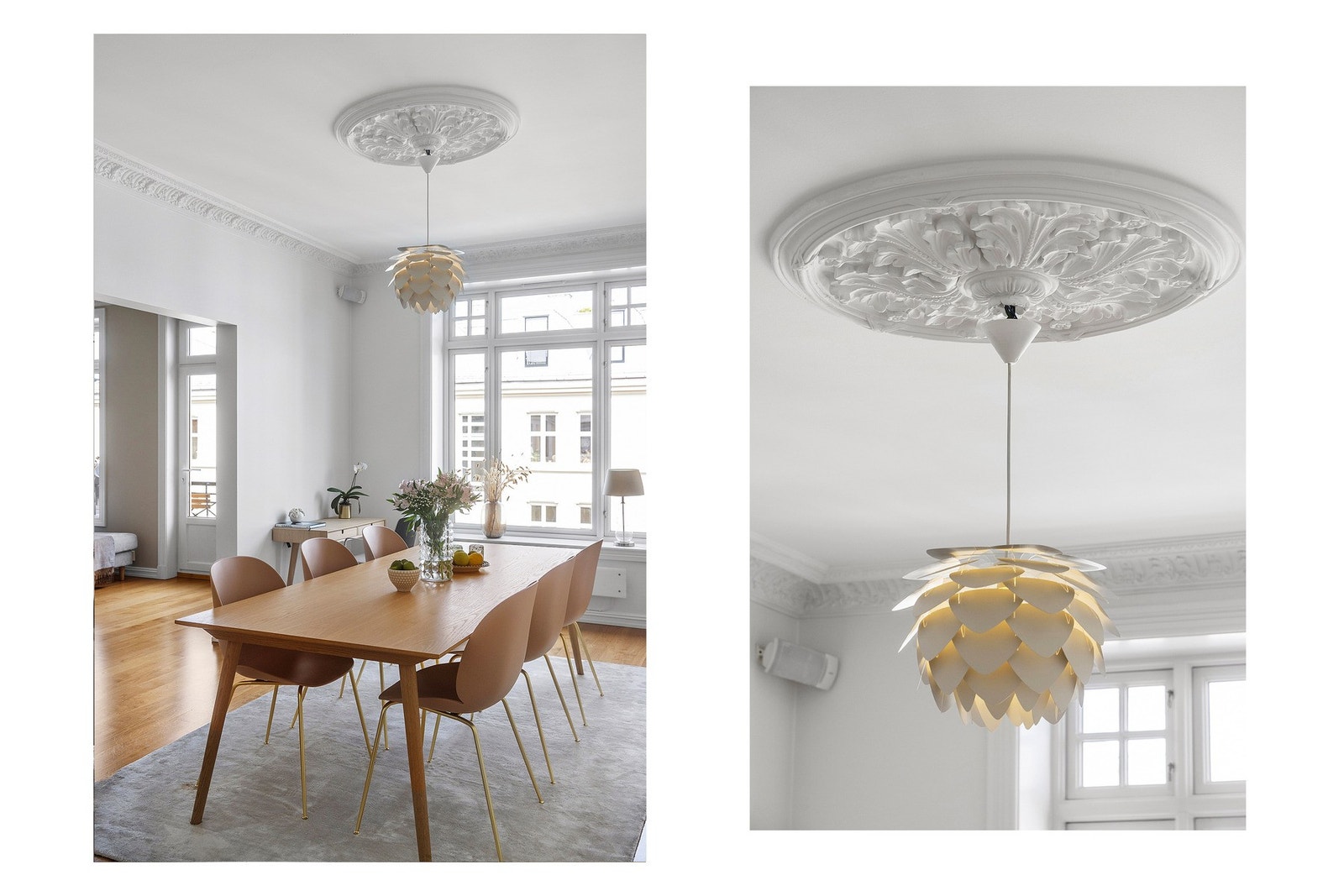 Stuene har et klassisk uttrykk med vakre rosetter og stukkatur i taket. Galleribilde