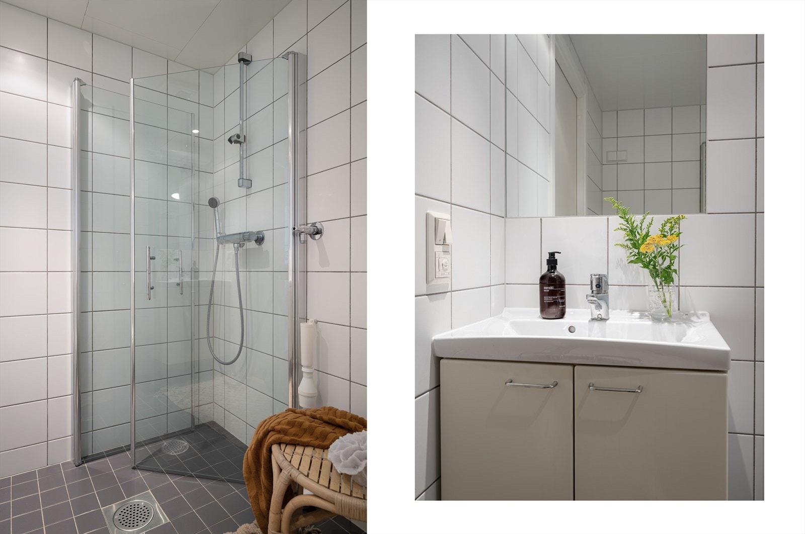 Innredningen består av dusjhjørne, servantskap med ovenpåliggende servant, speil og vegghengt toalett. Galleribilde