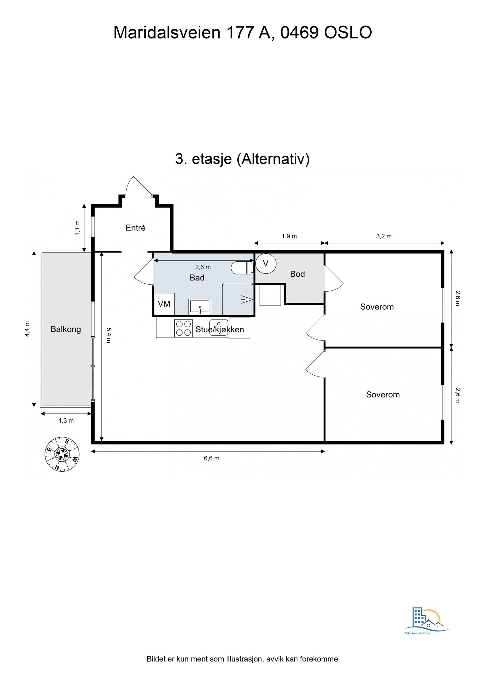 Alternativ planskisse hvor vegg mellom soverom og stue er flyttet. Galleribilde