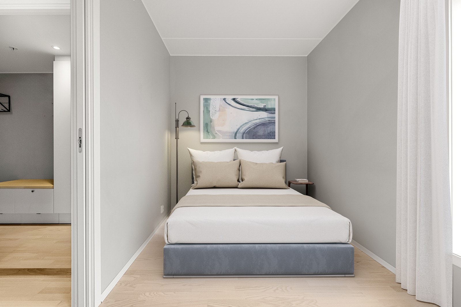 Malte overflater og parkett på gulv, samt fin vindusflate som gir rikelig med naturlig lys til rommet. (Digitalstyling av hvordan soverommet kan møbleres) Galleribilde