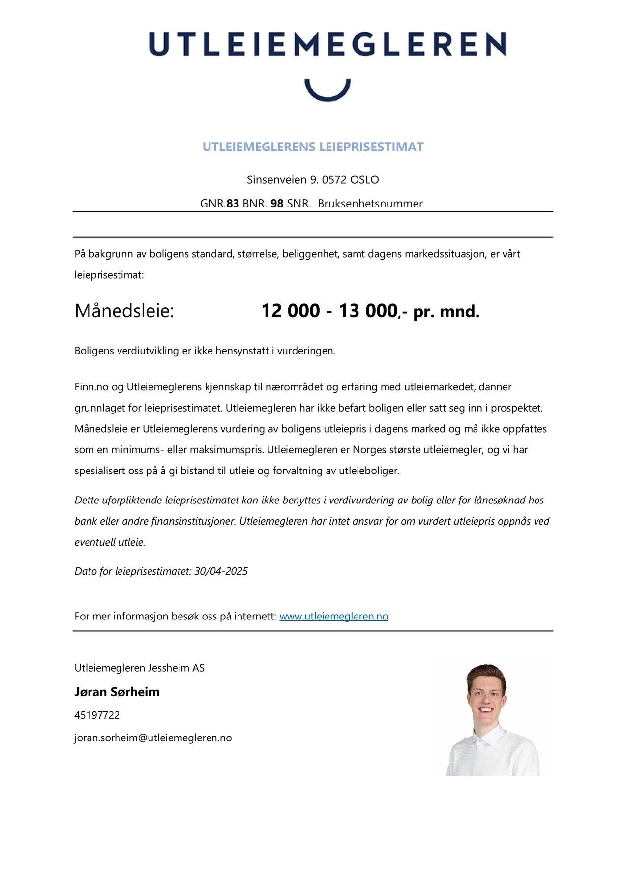 Utleiemeglerens leieprisestimat for hybelen Galleribilde