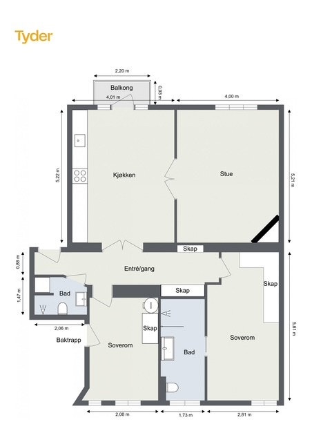 Plantegning - Entré/gang, stue, kjøkken, to bad og to soverom Galleribilde