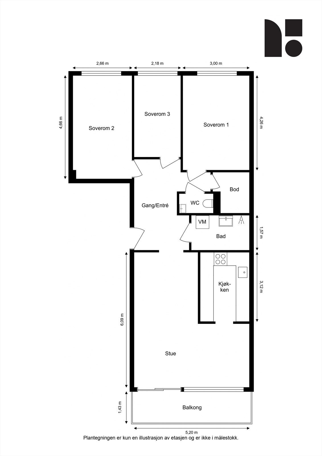 Leilighet med tre soverom og stor stue med balkong. Galleribilde