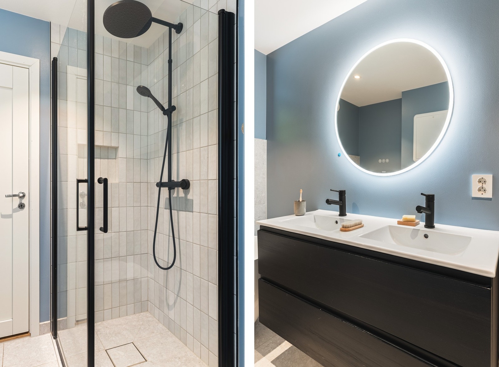 Badet er praktisk anlagt med dobbel vask for familien, og har speil med integrert belysning. Galleribilde