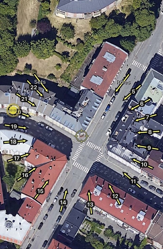 Illustrasjon av solforholdene midtsommers. Sol på balkongen fra ca. kl. 7:00-20:00. Galleribilde
