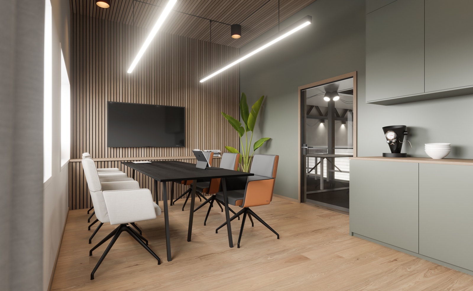 Illustrasjon av mulig innredning.
Lokalene leveres uinnredet. Du innreder selv til kontor, møterom etter behov for. Galleribilde