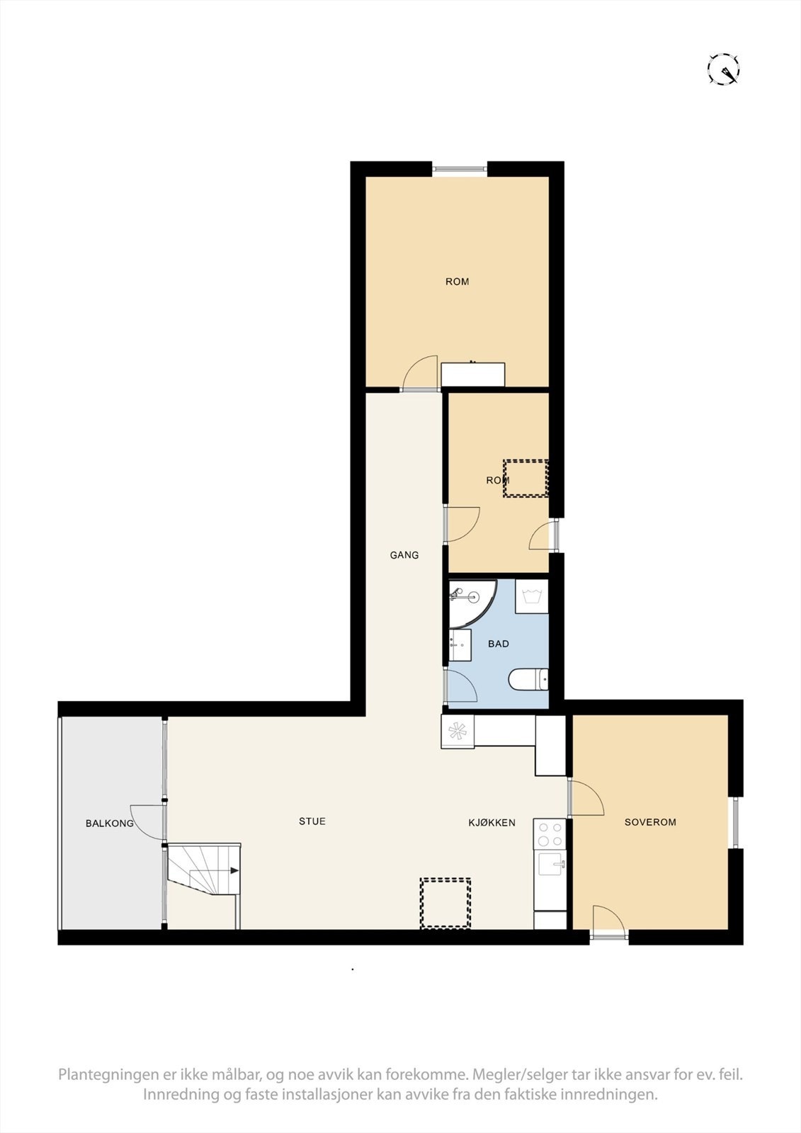 Plantegning av loft (ikke godkjent, da det mangler innvendig adkomst til hoveddel - usikkert om to rom, gang og bad lar seg godkjenne pga lav takhøyde i gang) Galleribilde
