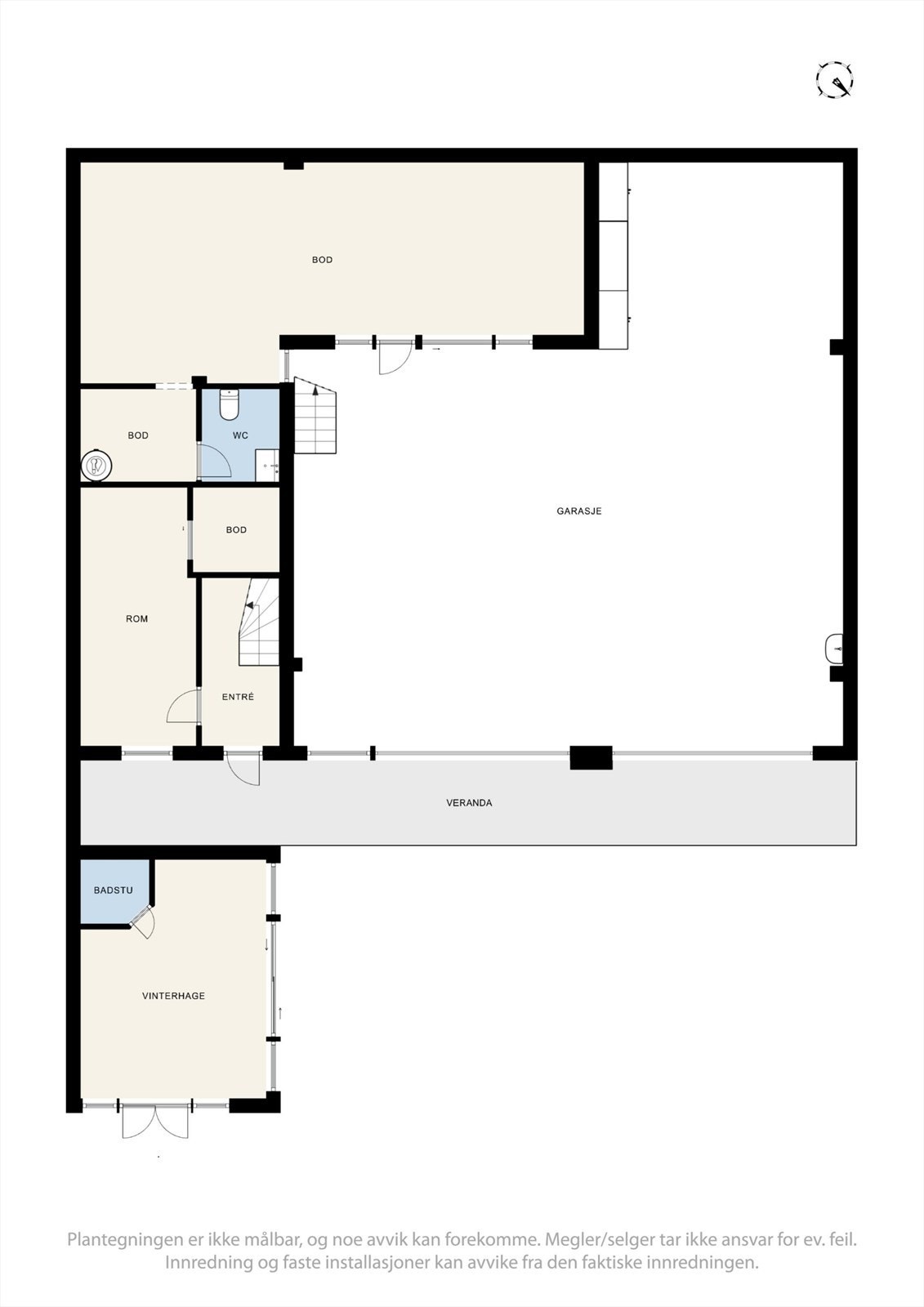 Plantegning av garasje/verksted/lager med spiserom bod og trappeløp til loft over garasjedel Galleribilde
