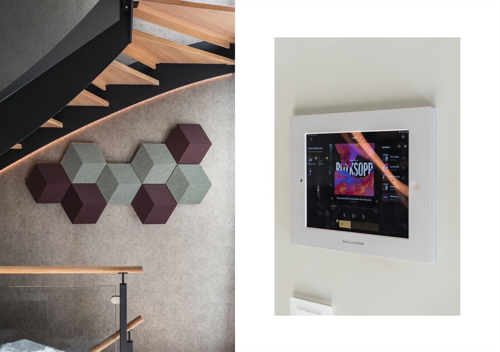 Høy standard gjennomsyrer hele boligen, med avansert styringssystem fra Bang & Olufsen med berøringsskjerm i stue der man kan styre all lys i alle rom. Galleribilde