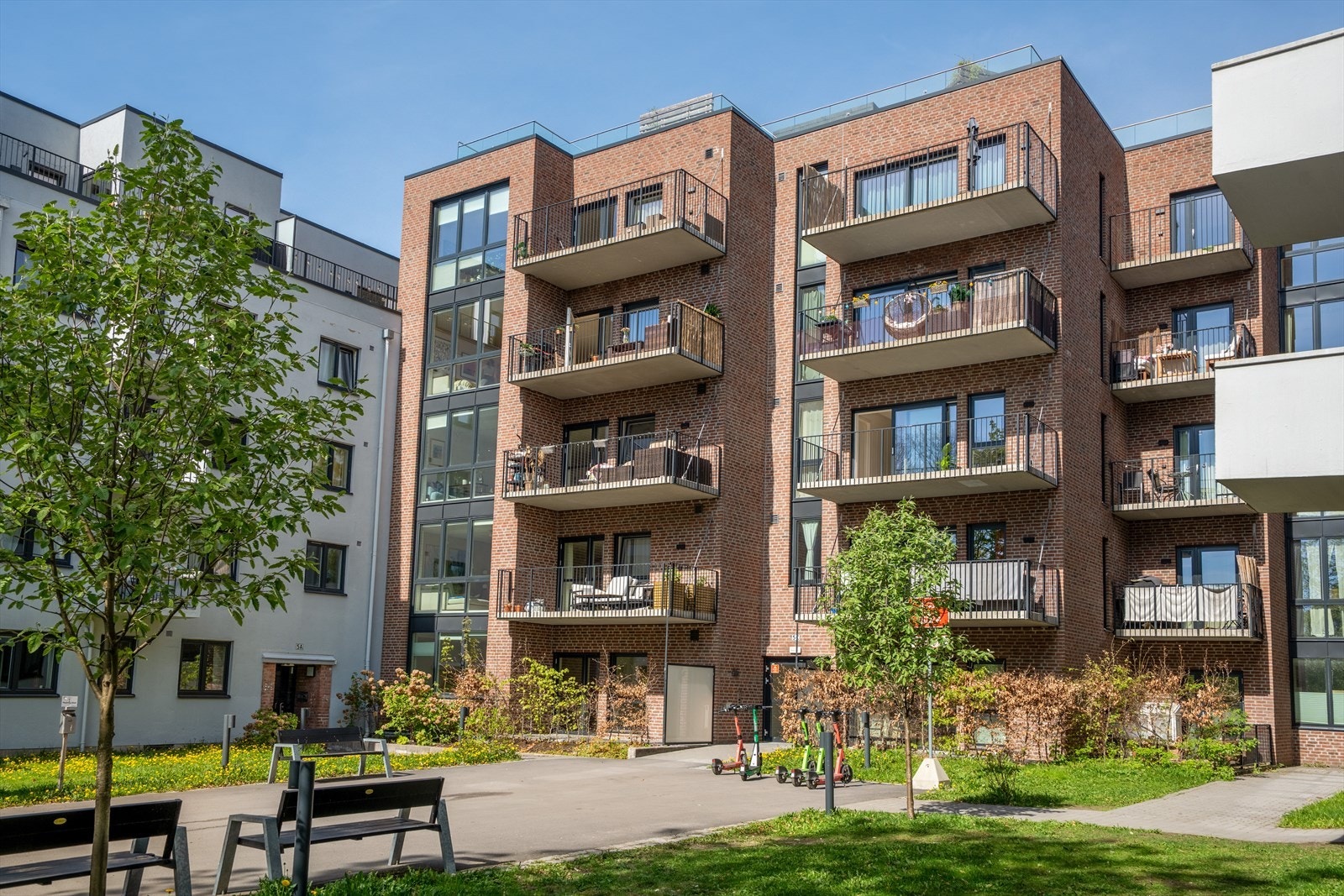 Bakgården er pent opparbeidet med plen, beplanting og sittegrupper. Galleribilde