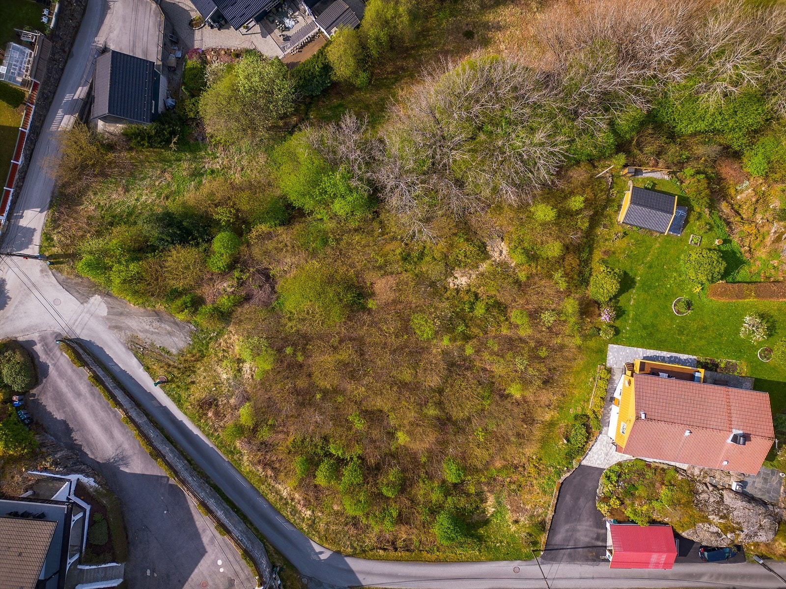 Noe kupert tomt, men forholdsvis flat. Naturtomt bestående av fjell, stein og jordmasser. Galleribilde
