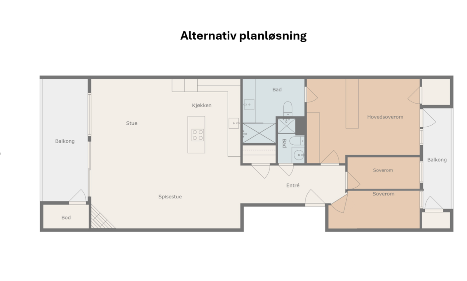 Alternativ planløsning. Leiligheten har opprinnelig 3 soverom. Galleribilde