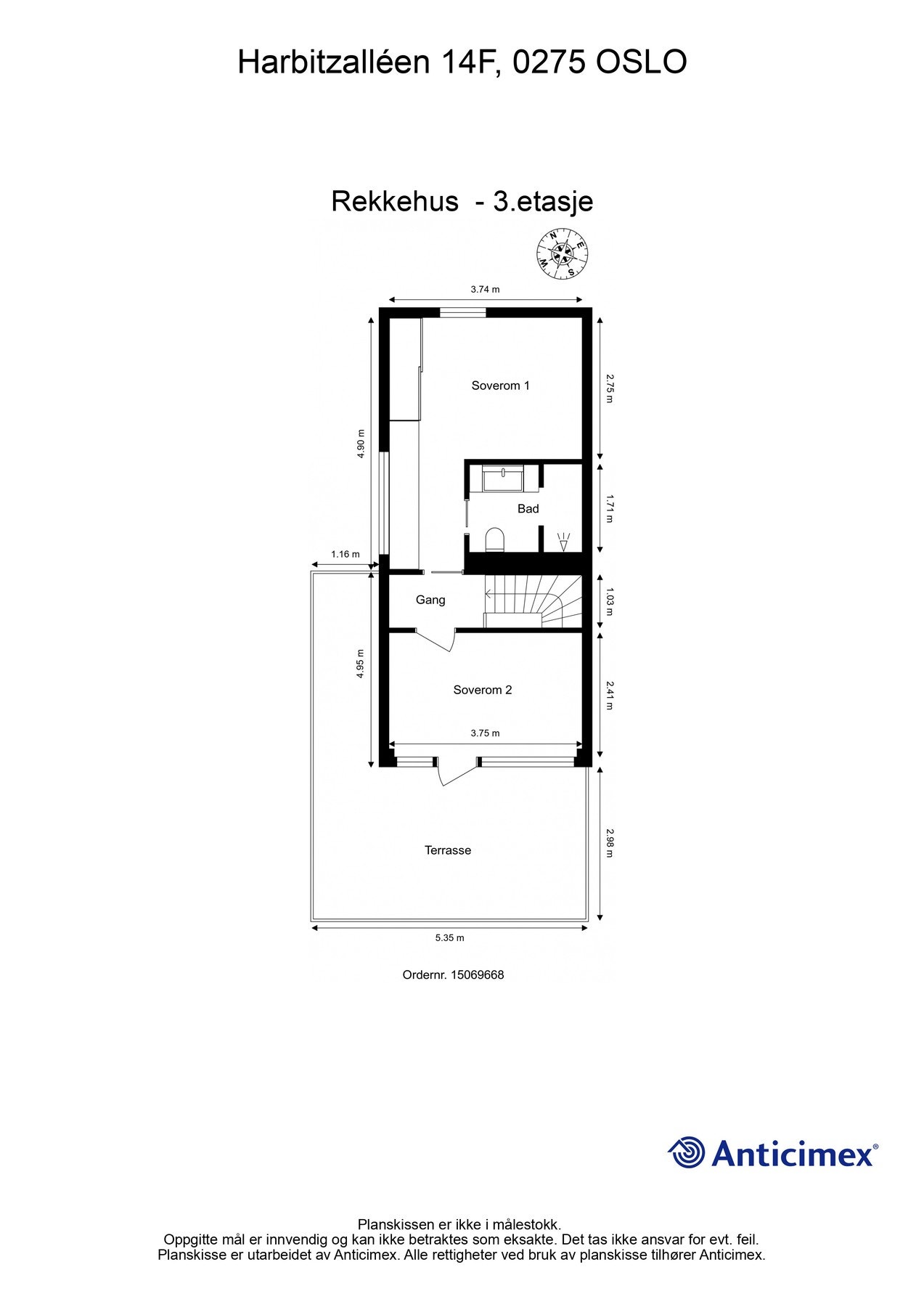 Plantegning - 3. etasje. 3. etasje består av gang, bad, to soverom og takterrasse på 21 kvm. Galleribilde