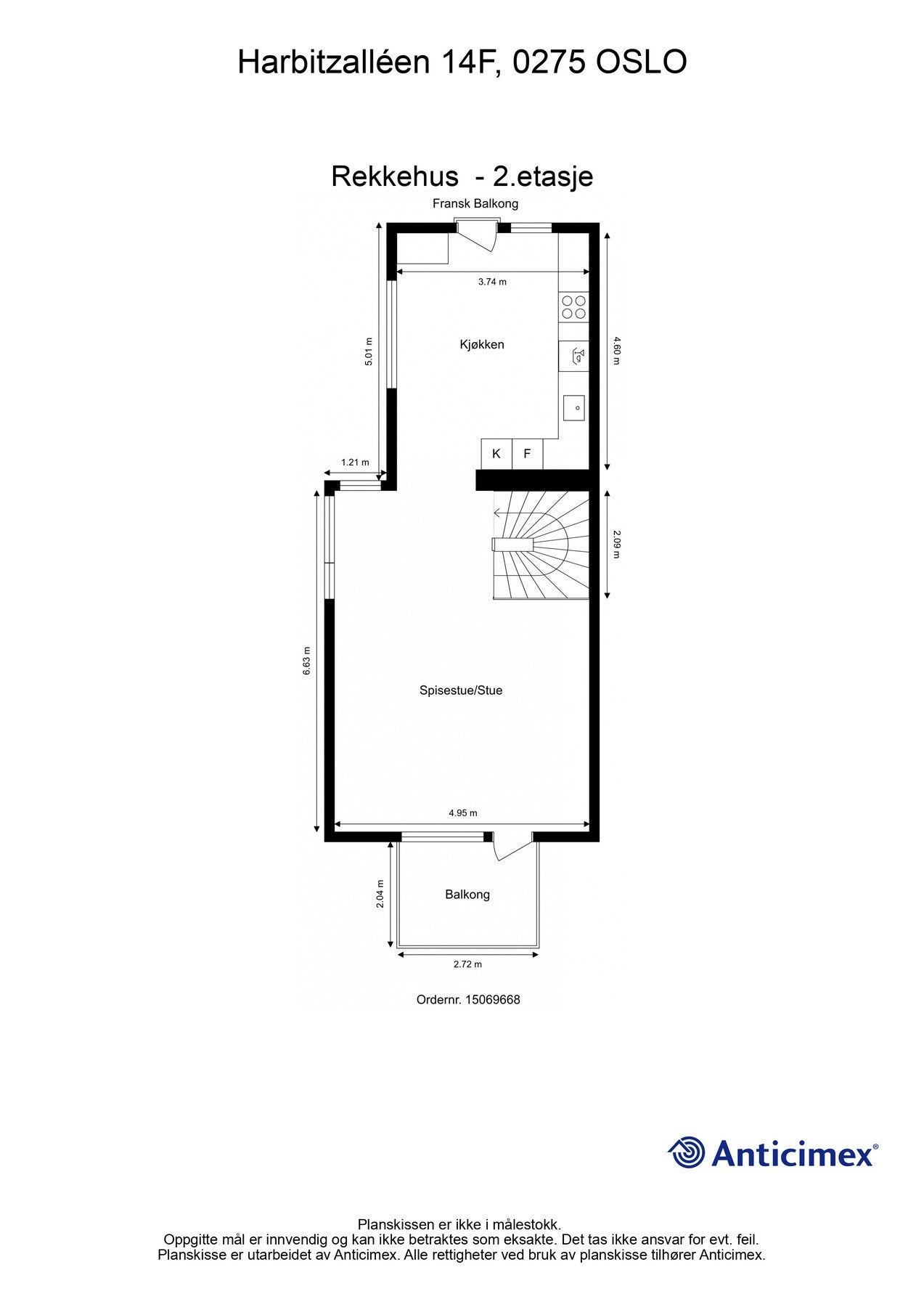 Plantegning - 2. etasje. 2. etasje består av stue, kjøkken og balkong på 5 kvm. Galleribilde