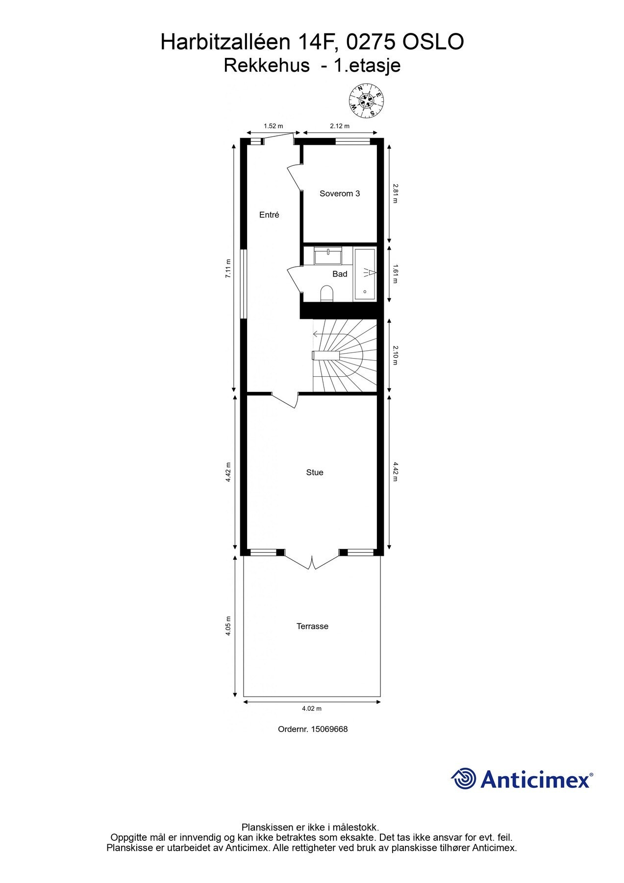 Plantegning - 1. etasje. 1. Etasje består av entré, bad, stue og soverom, samt markterrasse på 16 kvm. Galleribilde