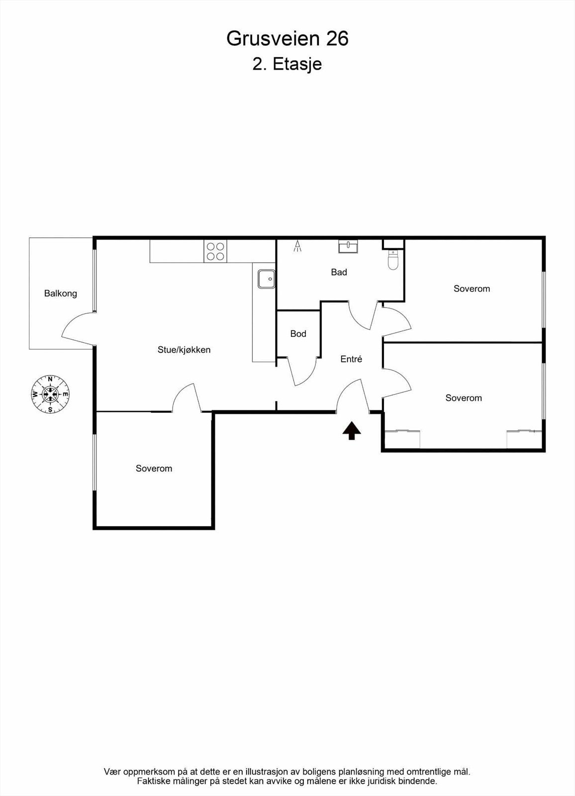 Alternativ planløsning for de som ønsker 3 soverom. (Selger og megler tar ingen ansvar/risiko for at denne løsningen er gjennomførbar). Galleribilde