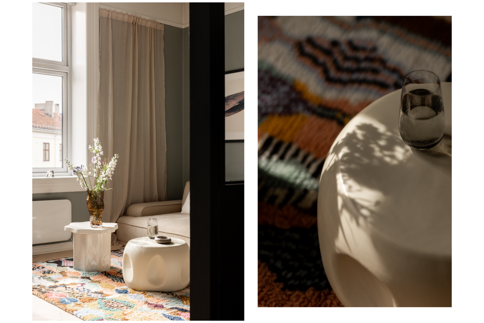 Boligens vegger er malt i lune og moderne toner som skaper en varm og rolig atmosfære. Galleribilde