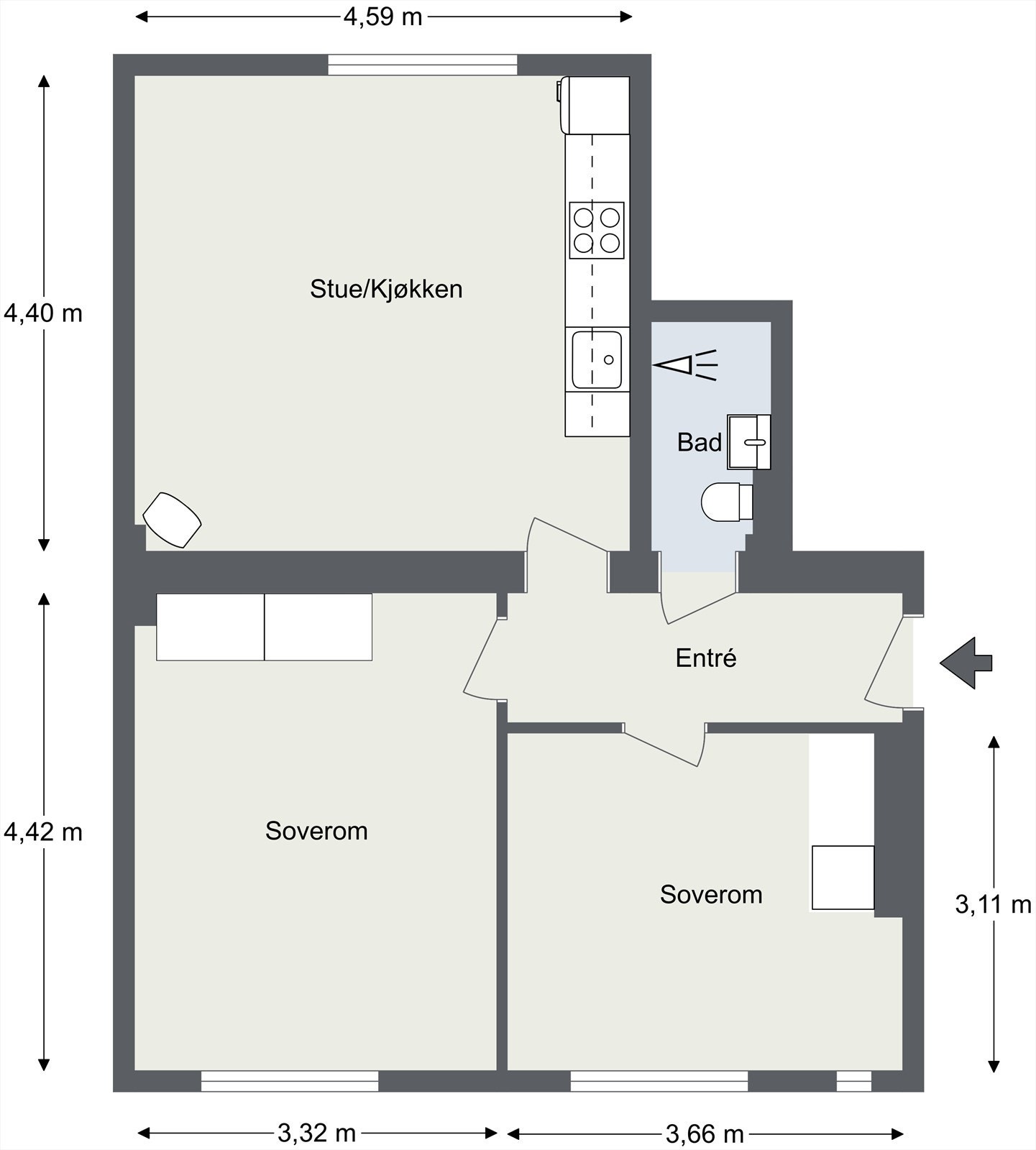 Plantegning. I tillegg disponerer leiligheten en kjellerbod på ca. 10 kvm. Galleribilde
