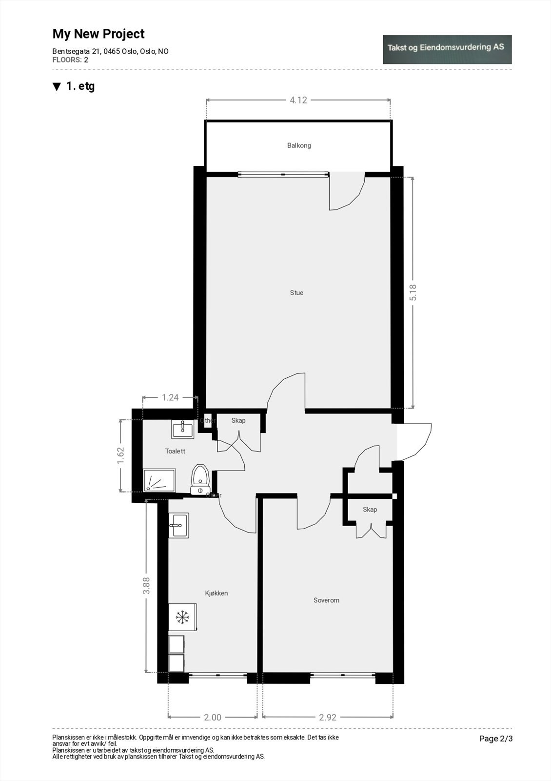 Planløsning - Gjennomgående 2-roms leilighet, med mulighet for å flytte kjøkken ut i stuen. Galleribilde