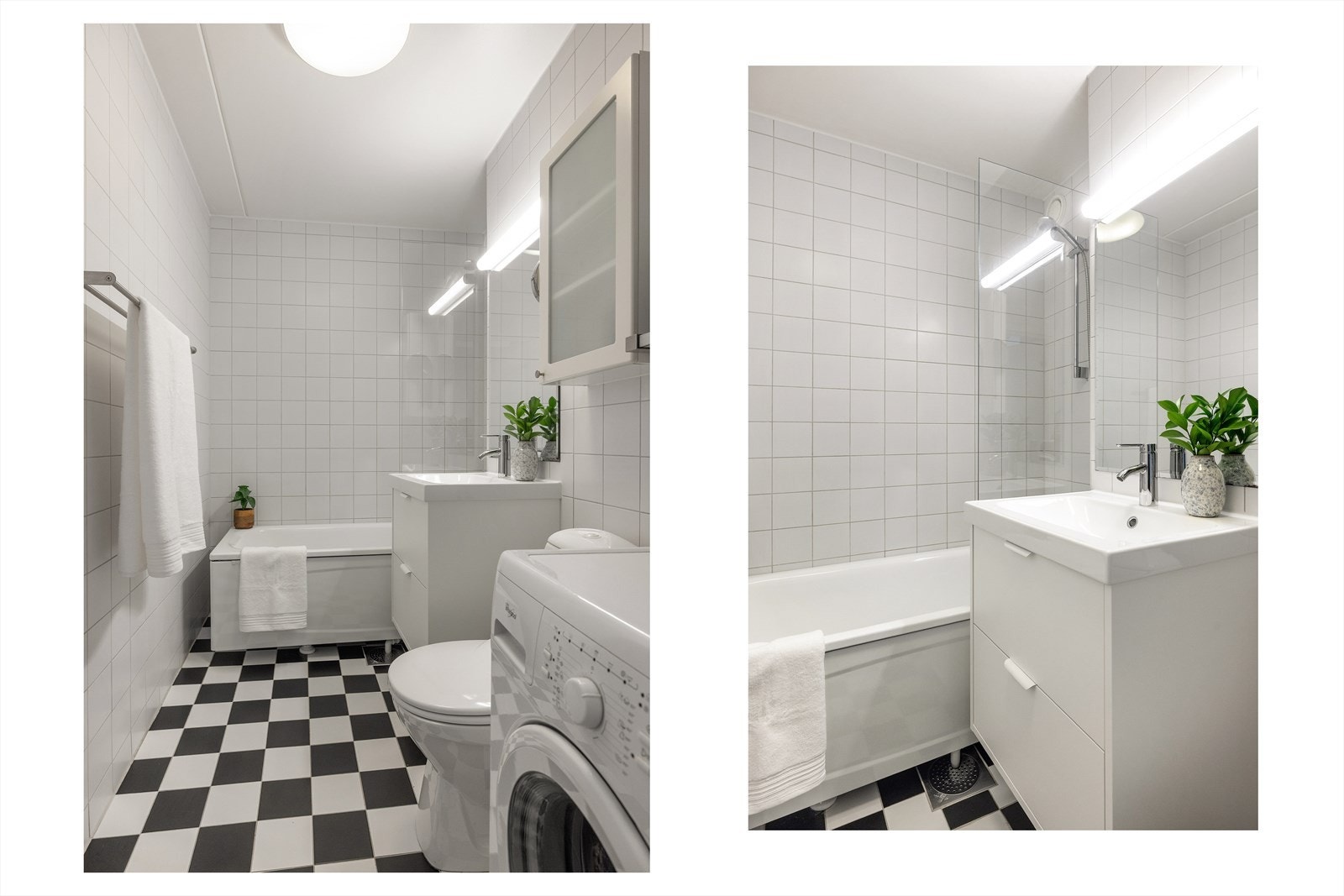 Badet inneholder badekar, toalett og baderomsinnredning med nyere servantskap (2024), servant med ett-greps blandebatteri og speil på vegg med belysning. Galleribilde