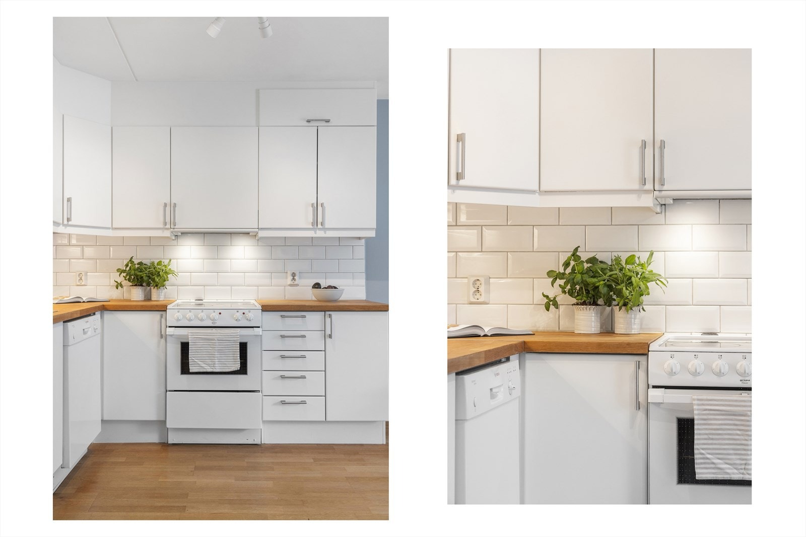 Lyst, tidløst kjøkken med masse lagringsplass i både skap og skuffer. Kjøkkeninnredning med hvite glatte fronter (malt i 2025), fliser på vegg over kjøkkenbenk og benkeplate. Galleribilde