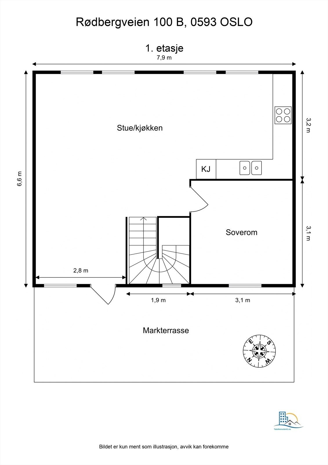 Hovedetasjen som vi kaller 1.etg. ligger en trappesats opp fra inngangspartiet og består av en lys og åpen stue/kjøkkenløsning og et godt soverom. Galleribilde