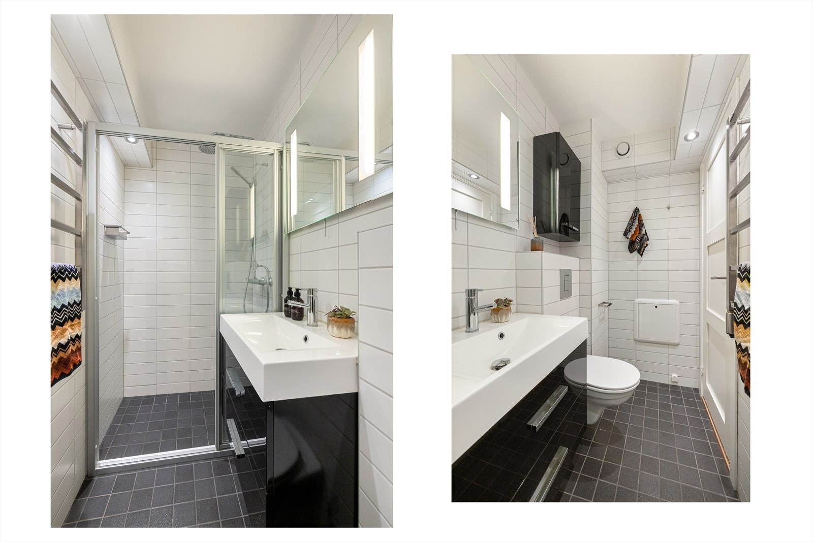 Pent bad i 4. etasje, innredet med med stor servant med to skuffer, speil med belysning, vegghengt skap, toalett og dusj. Badet har varmekabler i gulv, og downlights i himling Galleribilde