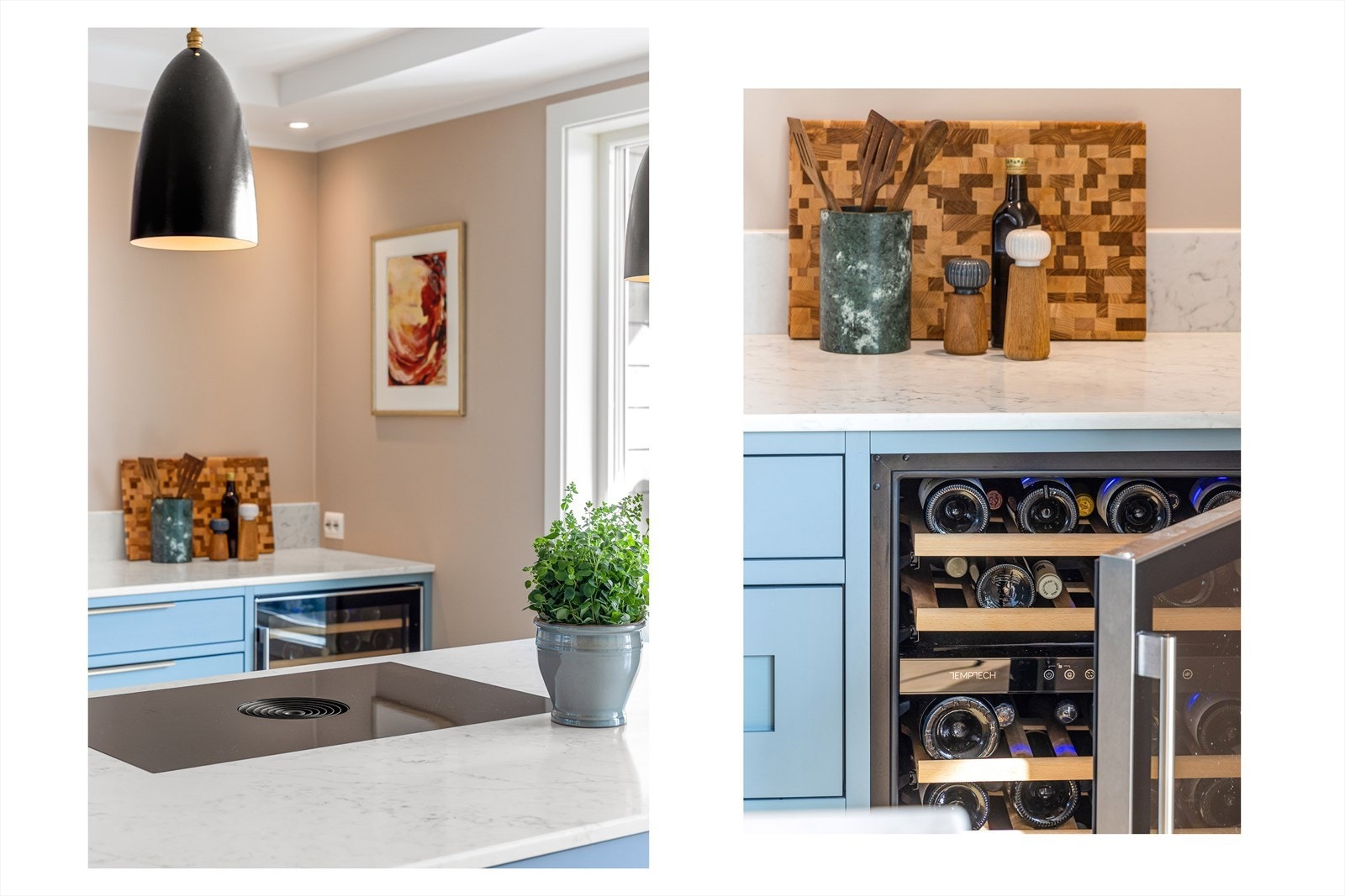 Kjøkkenfronter i en innbydende blåtone, samt lys benkeplate i kompositt (90% kvarts) Galleribilde