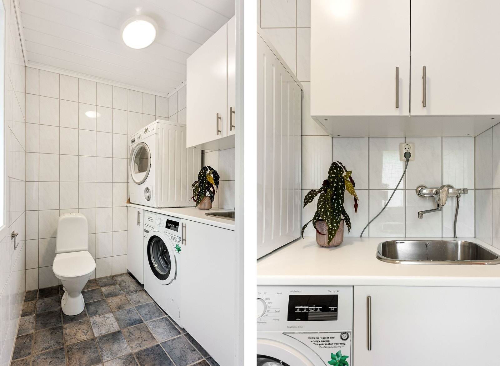 Vaskerom med toalett og opplegg for vaskemaskin. Galleribilde