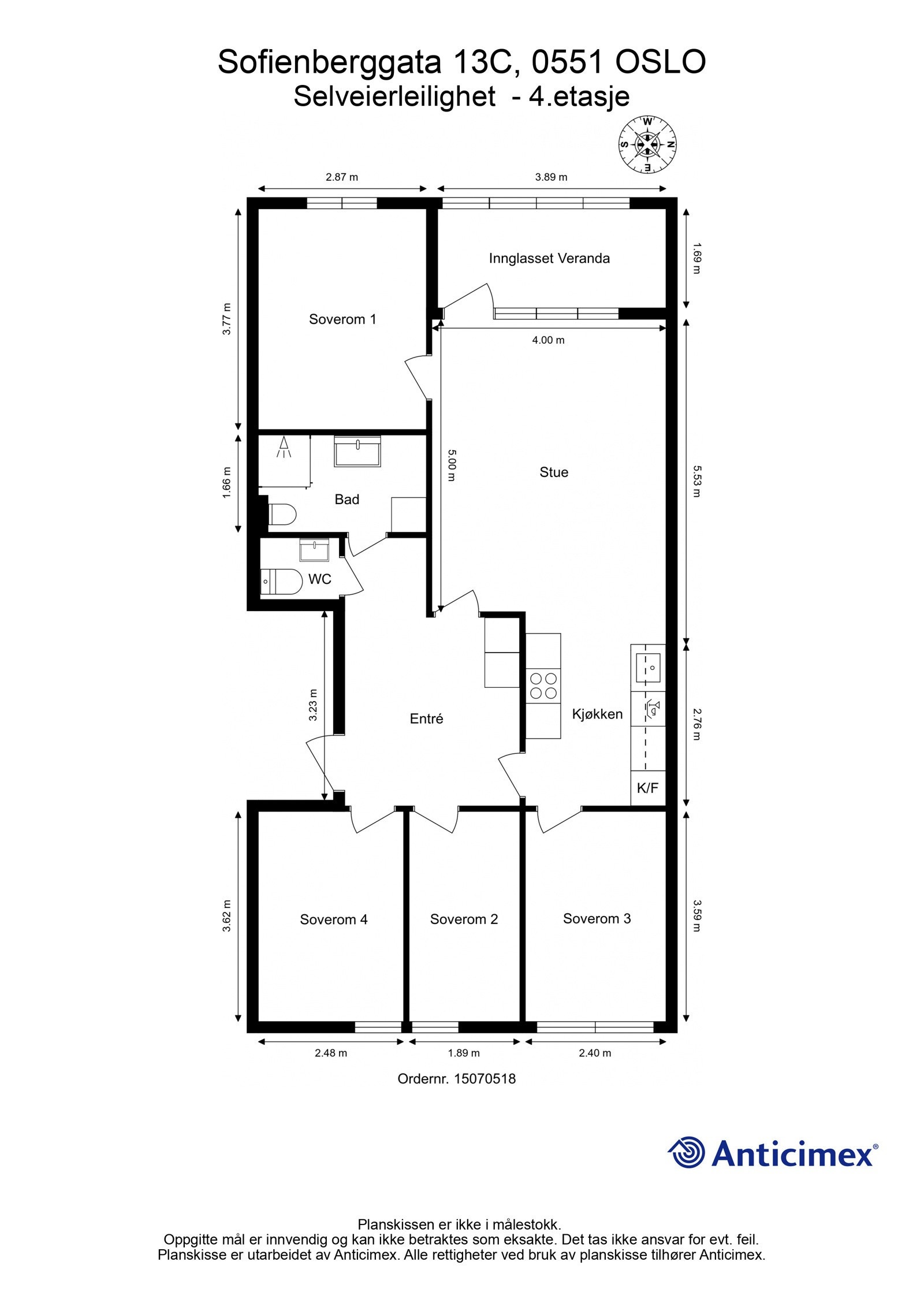 Dagens planløsning av boligen med kompass. Galleribilde
