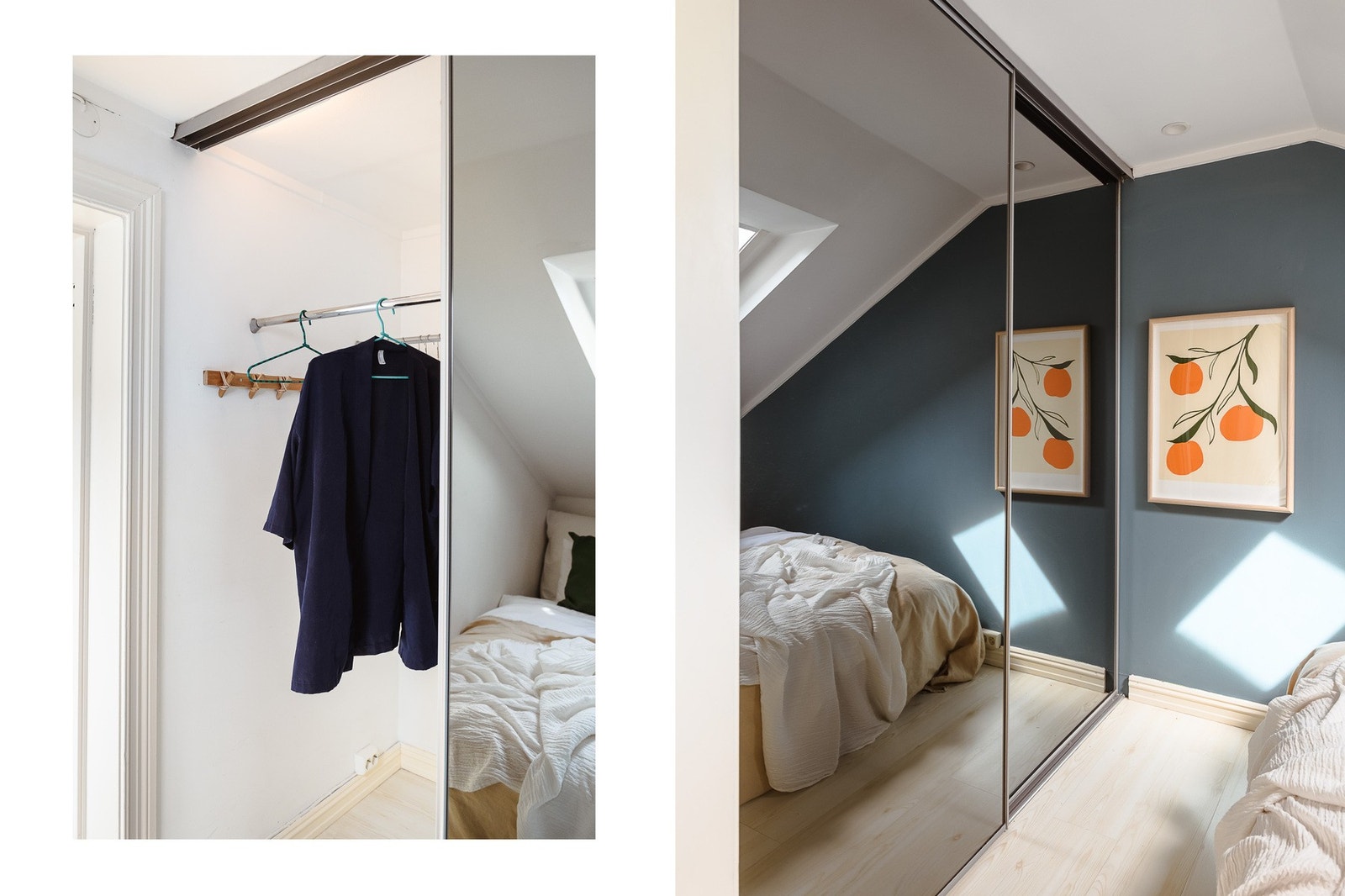 Soverommet har en plassbygd skyvedørsgarderobe med speilfronter og Elfa-løsning. Galleribilde