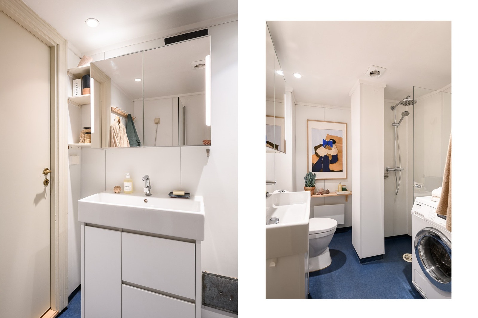 Badet er eldre og bør fornyes, men har tidsmessig innredning, regnfallsdusj og opplegg for vaskemaskin. Galleribilde