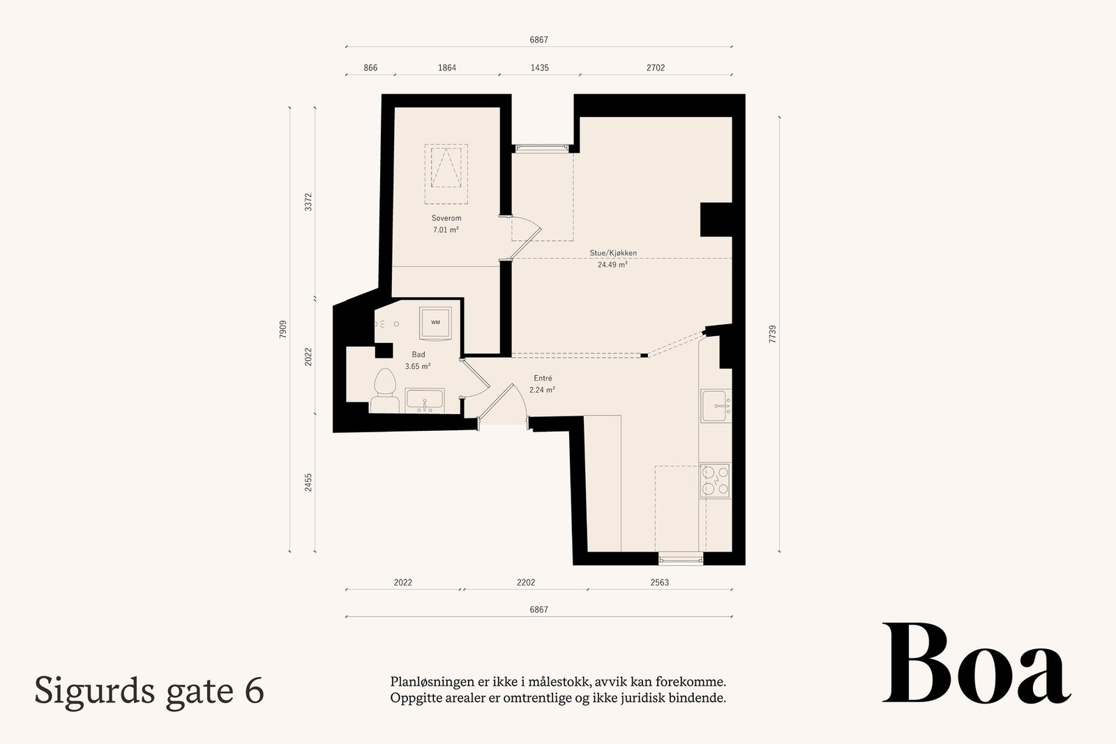 4. etasje/loft: Entré/gang, stue/spisestue, kjøkken, dusj/wc og soverom.
Annet: 2 loftsboder, den ene på 4,2 kvm og den andre med 3,3 kvm gulvareal og skråtak. Galleribilde