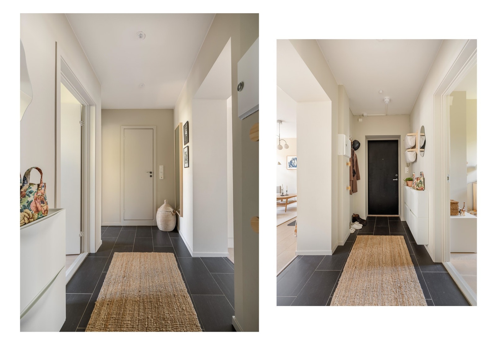 Til venstre ser man fra inngangsdøren mot badet, og til høyre motsatt. Gulvvarme og fliser i entréen. Dørcalling med appstyring. Galleribilde